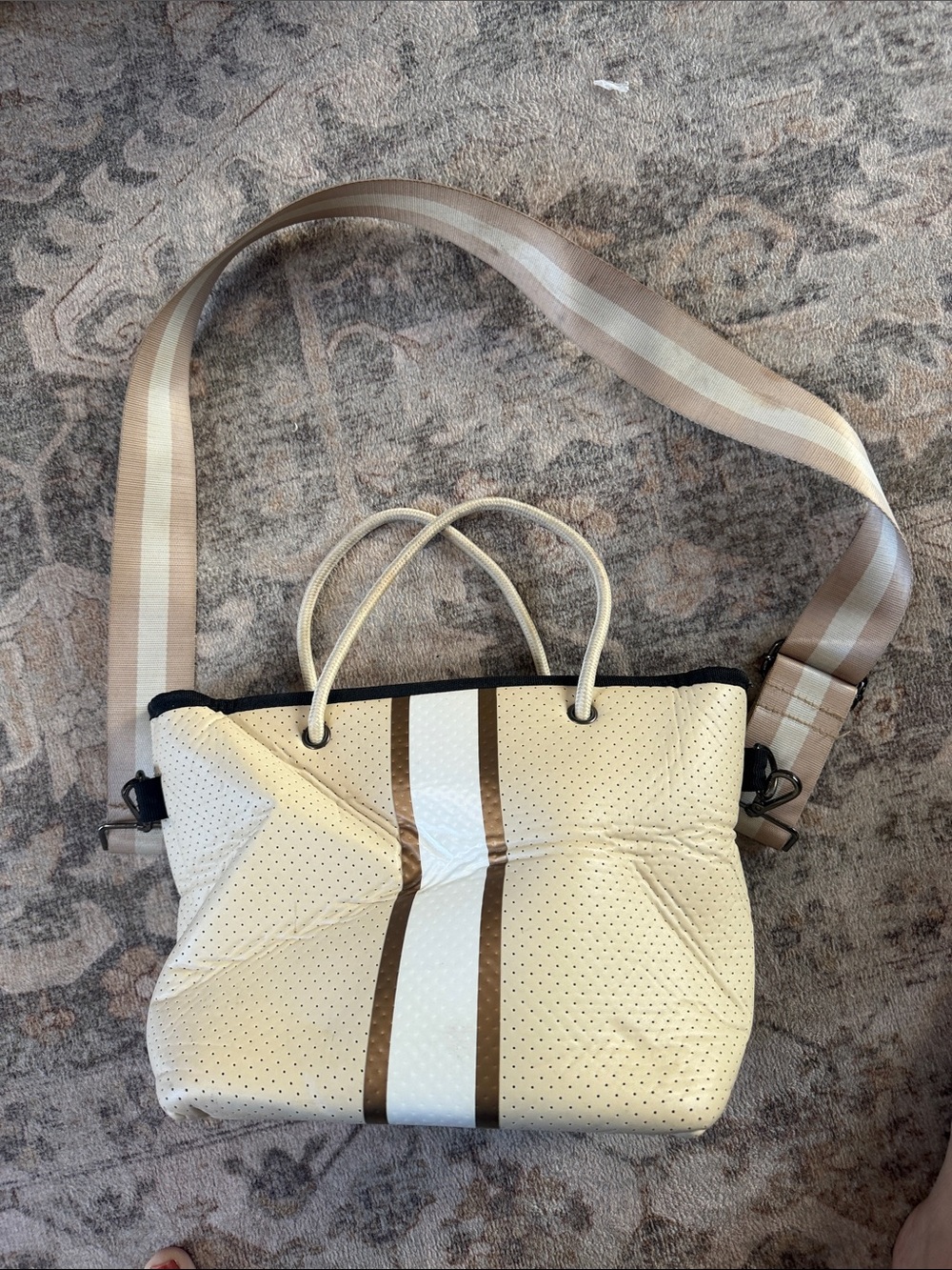 HAUTE SHORE Beige, White and Brown Stripe Neoprene Crossbody